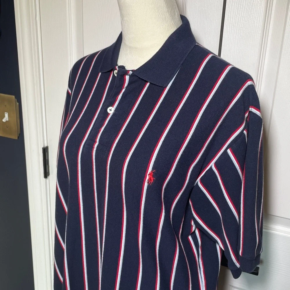 Polo‎ Ralph Lauren Navy White & Red Vertical Stripe Cotton Polo Size Medium